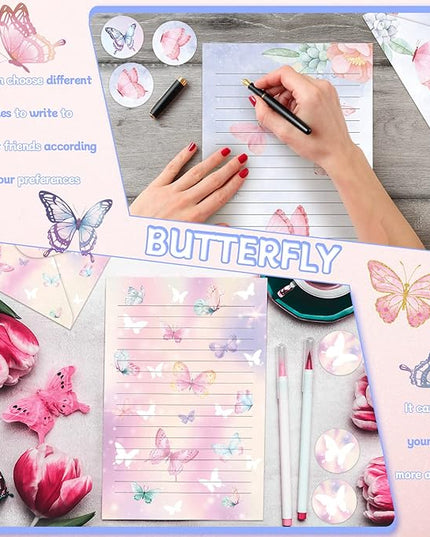 TaoBary 160 Pcs Stationery Paper Set 50 Double Sided Stationery Papers with 50 Matching Envelopes and 60 Round Dot Sticker, 10 Design(Watercolor Butterfly,8.5 x 11 Inch)
