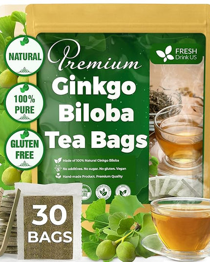 FreshDrinkUS, Premium 30 Ginkgo Biloba Leaf Tea Bags, 100% Natural & Pure from Ginkgo Biloba Leaves. Loose Leaf Herbal Tea. Made with Eco-Conscious Tea Bags. No Sugar, No Caffeine, No Gluten, Vegan.