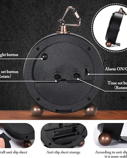 Tetino Analog Alarm Clock,Battery Powered Desk Clocks with Night Light,Silent Non Ticking,Retro Simply Design Alarm Clocks for Living Room, Bedroom, Bedside,Dormitory,Decor,Gift (Black)