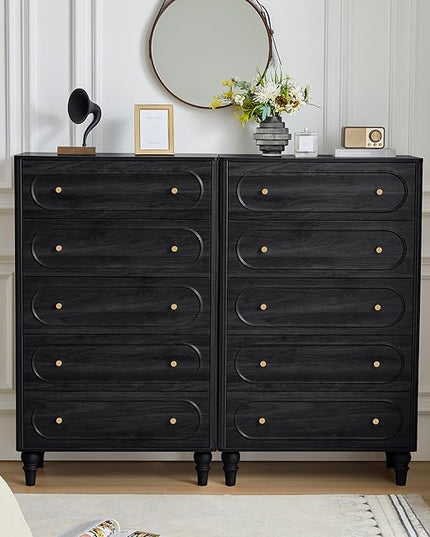 ORRD 5 Drawer Fluted Dresser for Bedroom, Mid Century Modern Chest of Drawers, Wood Storage Large Dresser Organizer for Bedroom Living Room Hallway Closet, Black