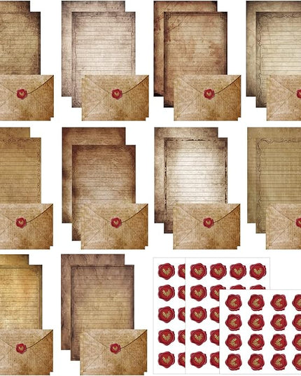 TaoBary 160 Pcs Stationery Paper Set 50 Double Sided Stationery Papers with 50 Matching Envelopes and 60 Round Dot Sticker, 10 Design(Vintage Antique,5.5 x 8.25 Inch)