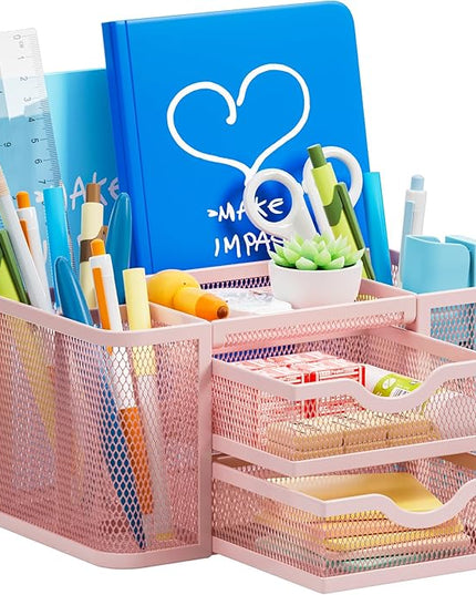 Marbrasse Mesh Desk Organizer, Pen Organizer with 2 Drawer, Multi-Functional Pencil Holder, Desk Organizers and Accessories with 5 Compartments + Drawer for Office Art Supplies (Pink)