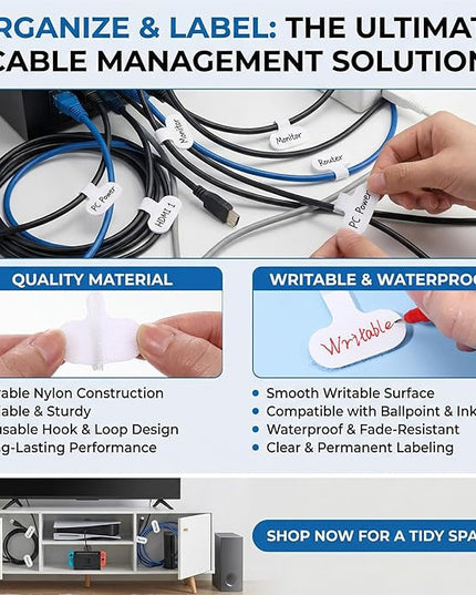 Eersida 60 Pieces Self Adhesive Cable Labels Wire Labels Nylon Writable Cord Tags Waterproof White Wire Cable Tags for Electronics Office Computers Management and Identification (Oval,2.36 Inch)