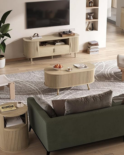 JOINICE 42.5" Oval Lift Top Coffee Table with Storage, Mid Century Modern Oak Center Table with Fluted Panel, Solid Wood Legs & Hidden Compartment for Living Room