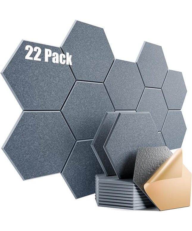 22 Pack Self-Adhesive Acoustic Panels 12" X 10" X 0.4" - Sound Proof Foam Panels with High Density, Hexagonal Design, Flame Resistant, Absorb Noise and Eliminate Echoes(Gray)