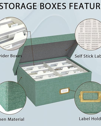 Decorative Photo Storage Box - 2 Pack Linen Photo Box Organizer with Dividers, Fits Holds Up to 1700 Pictures and 4x6 Photos, Memory Keepsake Organizer for Scrapbook Supplies, Cards, Stamps (Green)