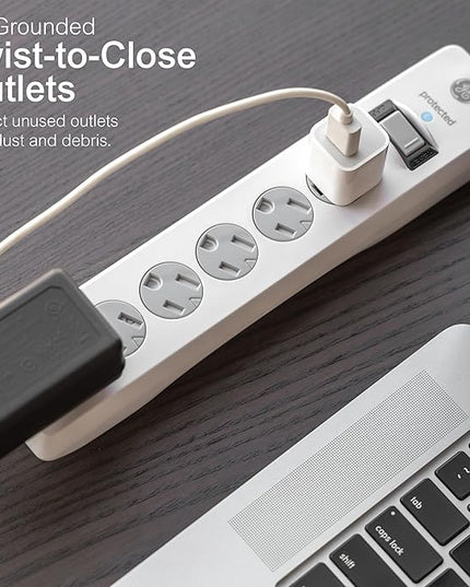 GE Surge Protector Power Strip, 8 Ft Extension Cord, 6 Outlet Extender, 800 Joules, Flat Plug, Twist-to-Close Safety Covers, ETL Listed, White, 67044