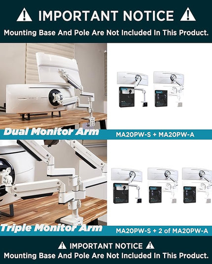 Heavy Duty Extension Arm [Accessory Only - Requires MA20PW-S Single Monitor Arm for Use] Dual 49" Vertical Stacked Monitor Mount Height Adjustable - 100x100 VESA Mount, White, MA20PW-A