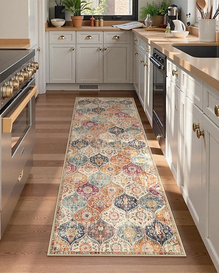 Lahome Moroccan Trellis Washable Runner Rug, 2x6 Kitchen Runners for Hallways 6 Feet Non Slip, Vintage Laundry Room Rug Ultra-Thin Long Carpet for Bathroom Bedroom Entryway, Cream/Multi