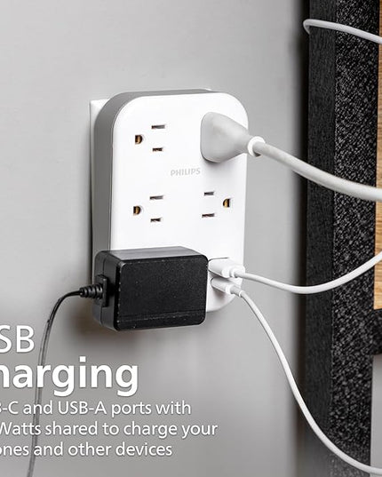 Philips EZFit 5-Outlet Extender Wall Tap with Surge Protection, Grounded Adapter, Charging Station, 3 Prong, 1 USB-A, 1 USB-C, 900J, White, SPP3513W/37