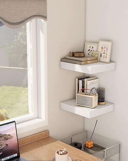 Fun Memories 12 Inch Floating Shelf, Rustic Wood Wall Shelves for Wall Decor & Storage, 12 x 12 Floating Shelf for Living Room, Bathroom, Bedroom, White, Set of 2