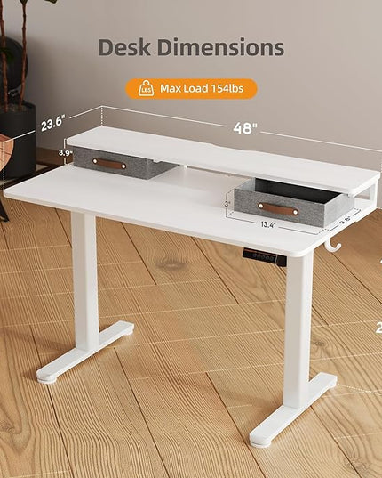 Seang Electric Standing Desk with 2 Drawers, Adjustable Standing Desk with Storage Shelf, Height Adjustable Stand up Desk for Home Office with 3 Presets & 2 Hooks, 48 Inch, White
