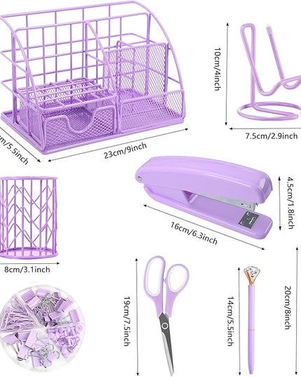 Purple Desk Organizers and Accessories Office Supplies Set Stapler, Pen Holder, Phone Holder, Scissors, Pen, Ruler, 30 Paper Clips, 22 Binder Clip, 20 Tacks and 1000pcs Staples
