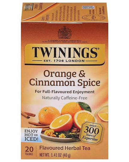 Twinings Orange & Cinnamon Spice Herbal Tea Individually Wrapped Bags, 20 Count (Pack of 1), Naturally Caffeine-Free, Enjoy Hot or Iced, 20 Teabags