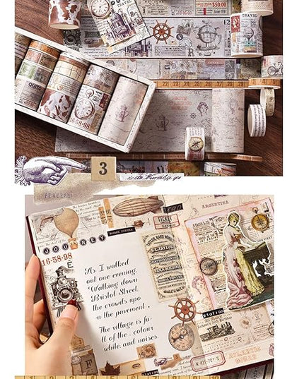 18 Rolls Vintage Washi Tape Set, Newspaper Building Map Retro Masking Tape 5/10/15/20/25/30/50/75mm Wide 6.56ft Long Decorative Scrapbook Tape for journaling, Scrapbooking Supplies, Junk Journal Craft