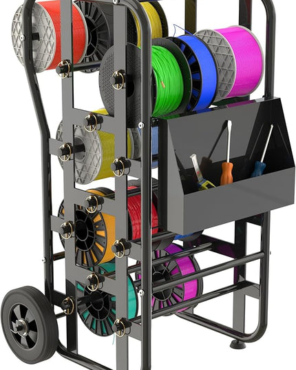 Tredre Wire Spool Rack with Wheels – Heavy Duty Cable Dispenser with 11 Rods, Mobile Wire Organizer Stand with Storage Box for Electrical & Workshop Use, Black