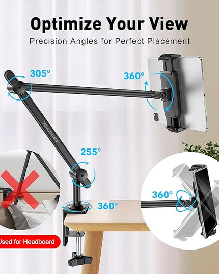 AboveTEK Tablet Stand Holder for Desk & Bed, Aluminum iPad Holder Arm with 360° Rotating Clamp, Adjustable Phone Stand Compatible with 4.7"-13.5" iPad Pro/Air/Mini, iPhone, Galaxy Tab- Black