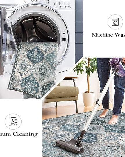 Lahome Moroccan Trellis Round Rug, 5ft, Blue, Faux Wool, Machine Wash, Non-Slip Backing, Low Pile, Floral Pattern, Area Rug for Bedroom, Living Room, Bathroom