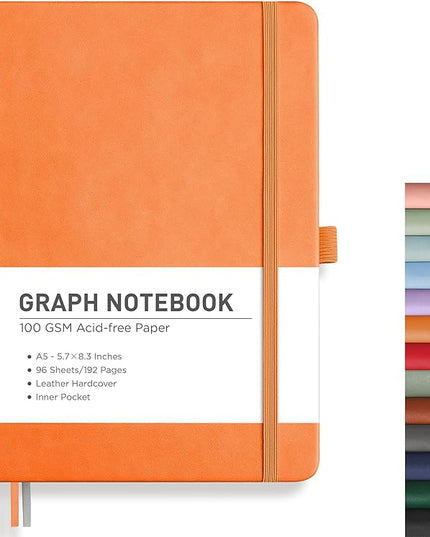 RETTACY Graph Grid Paper Notebook, 192 Pages, A5 Medium Size (5.7'' x 8.3''), 5 Squares per Inch, Leather Hardcover, 100 GSM Thick Paper, for School, Students, Math, Engineering (Orange)