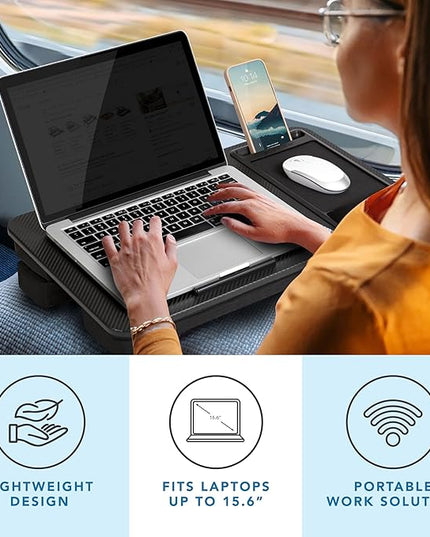 LAPGEAR Large Adjustable Lap Desk – Fits Laptops up to 15.6”, Adjustable Cushion, Memory Foam Wrist Rest, Mouse Pad, Device Ledge, & Phone Slot - Black Carbon - Style No. 88008