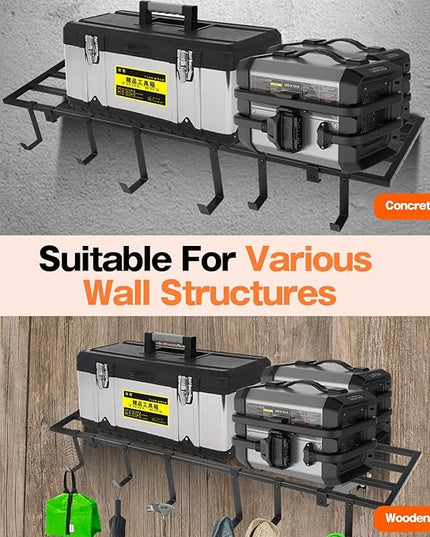 Garage Wall Shelving, 1X4 ft Garage Storage Rack,Heavy Duty Wall Mounted Storage Shelf With 12 Hooks-Each Loads 200lbs Metal Wall Shelf,Black,2Pack