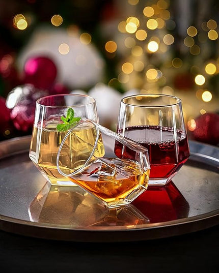 Hexagon Stemless Wine Glasses Set of 6 – Elegant 10.5 oz, Durable, Dishwasher Safe, Spill-Proof Design, Perfect for Wine, Cocktails, Whiskey, Everyday Use, Dinner Parties, and Entertaining, Giftable