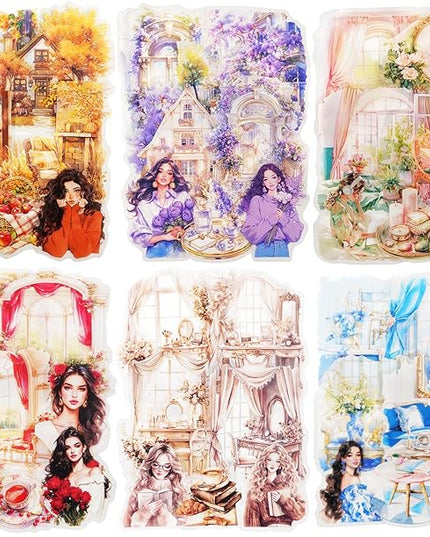 AuriicLeaf Cozy Home PET Stickers Set, 120PCS Vintage Girl and Room Aesthetic Stickers for Journaling, Scrapbooking, Planners and DIY Crafts
