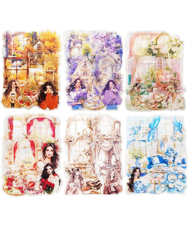 AuriicLeaf Cozy Home PET Stickers Set, 120PCS Vintage Girl and Room Aesthetic Stickers for Journaling, Scrapbooking, Planners and DIY Crafts
