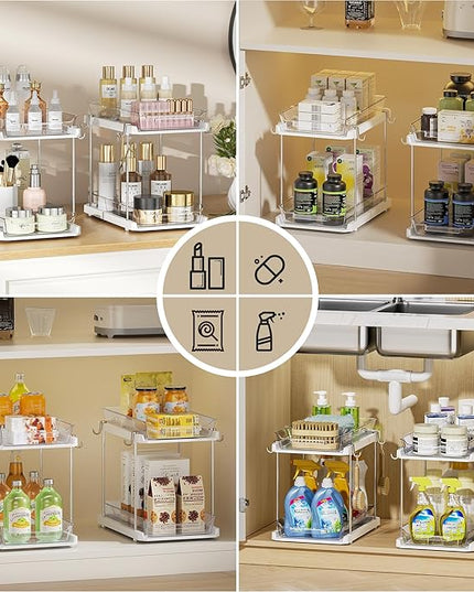 Delamu 2 Tier Bathroom Under Sink Organizers and Storage with Hook, Multi-Purpose Cabinet Drawers with Movable Dividers, Pull Out Organization for Countertop, Kitchen and Pantry(White, 4 Pack)