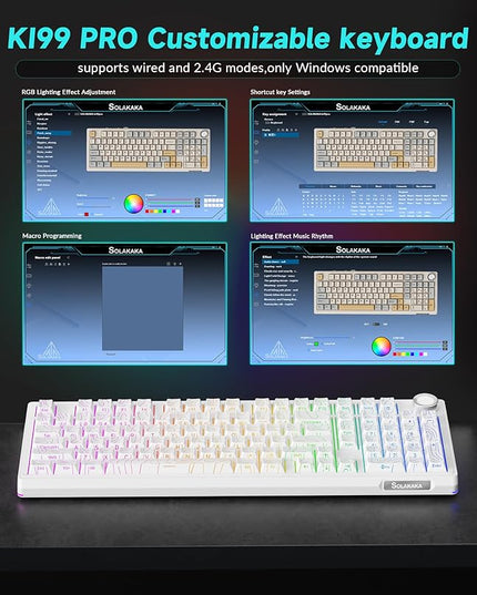 SOLAKAKA KI99 Pro 96% Wireless Mechanical Keyboard, RGB Gaming Keyboard, Hot-Swappable Pre-Lubed Switches, Gasket Structure Creamy Keyboards (Contour-Style White, Non-Silent Version)