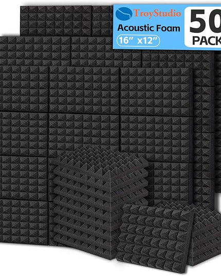 TroyStudio Thick Acoustic Foam Panels, 16 X 12 X 2 Inches 50 Pcs Pyramid Sound Absorbing Foam, Dense Soundproof Padding Tile, Recording Studio Foams Absorber, Decorative 3D Wall Ceiling Panel