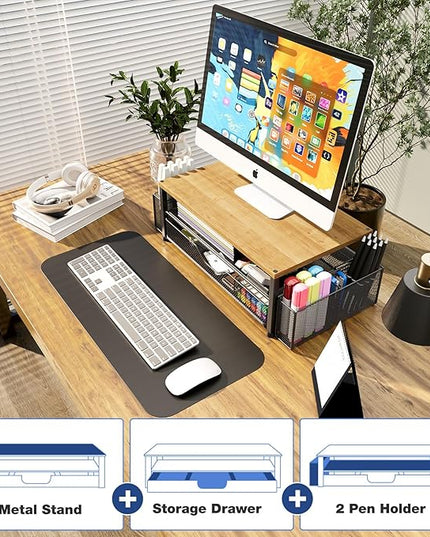 OPNICE Desk Organizers and Accessories, 2-Tier Computer Monitor Stand with Drawer and 2 Pen Holders, Laptop Stand, Office Desk Accessories for Office Supplies, Oak