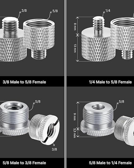IXTECH Mic Stand Adapter Set 8 pieces Metal Microphone Stand Screw Thread Adapter 5/8 Female to 3/8 Male 3/8 Female to 5/8 Male 5/8 Female to 1/4 Male 1/4 Female to 5/8 Male Tripod Adapter ADP01A Slvr