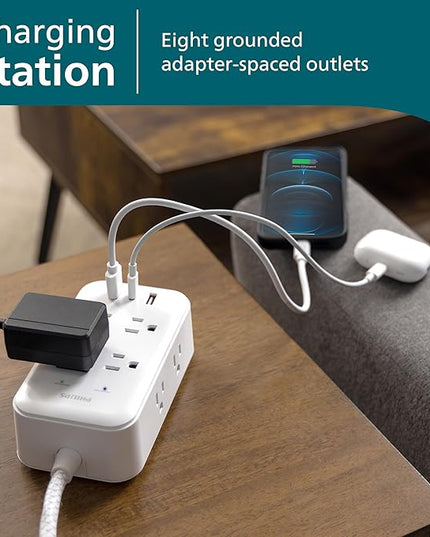 Philips Surge Protector, 8 Outlet, 2 USB-A, 1 USB-C, 17W, 3120J, Braided Cord, 6ft, White