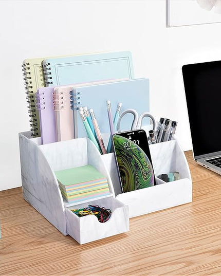 My Space Organizers Marble Desk Organizer For Office Supplies And Accessories - 9 Sections - Pencil Pen Holder Storage - Desktop Organization Decor Essentials (White Grey Marble)