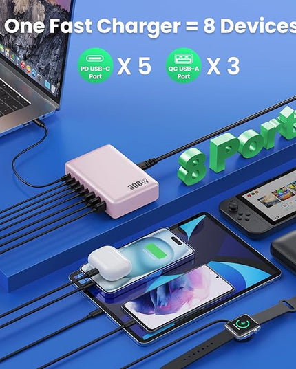 USB C Charger 300W USB C Charger Block, 8-Ports GaN IV Fast Charging Station Hub,PD 100W Laptop Charger Adapter,for MacBook Pro/Air/iPad/iPhone16/15/14/Apple Watch/DELL/Samsung for Home Office