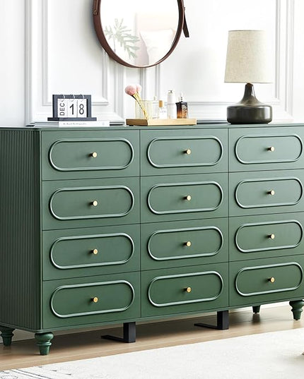 12 Drawer Fluted Dresser for Bedroom, Mid Century Modern Chest of Drawers, Wood Storage Small Dresser Organizer for Bedroom Living Room Hallway Closet, Green