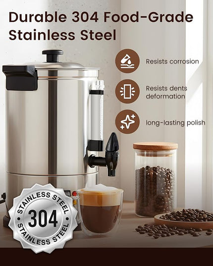 Commercial Coffee Maker 40-Cup Large Coffee Urn with Percolator Coffee Pot Electric 6L Stainless Steel Fast Brew Hot Water Dispenser for Tea Catering Events Home Office Easy Cleaning