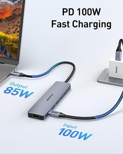 BENFEI USB C HUB 7-in-1 with HDMI(4K@60Hz,Certified), 100W Power Delivery, 3*USB 3.0, SD/TF Card Reader(160MB/s) Compatible with iPhone 15 Pro/Max, MacBook, iPad Pro, iMac, S23, XPS17