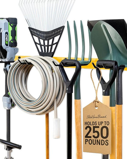 StoreYourBoard Wall-Mounted Rack With 4 Garage Hooks – Heavy-Duty Steel Holder Garage & Garden Storage for Shed, Workshop, or Home Organization – For Rakes, Shovels, Tools & More – 1 Pack, Tractor