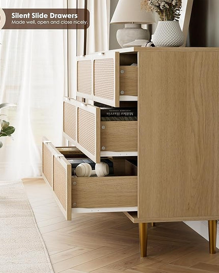 Garvee Rattan Dresser with 6 Drawers, Tall Modern Closet with Deep Storage, Large Chest of Drawers with Wide Top, Long Wooden Dresser for Bedroom, Living Room, Hallway, Kids Room, Natural