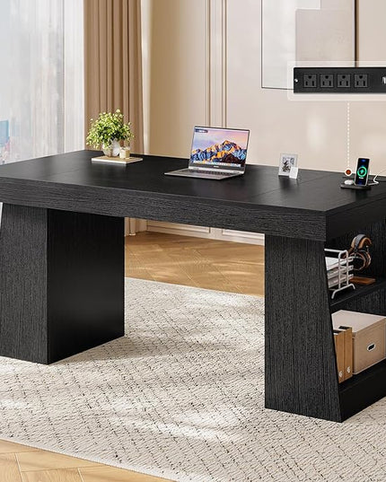 55.9 in Executive Desk with Power Outlets, Modern Home Office Desk with Storage Shelves, Wood Computer Desk Business Workstation Desk Conference Table, Black (Storage Shelves)