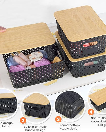 Plastic Storage Baskets With Bamboo Lid - Plastic Storage Containers Stackable Storage bins: Storage Baskets for Organizing Shelves Drawers Desktop Closet Playroom Classroom Office, 6 Pack
