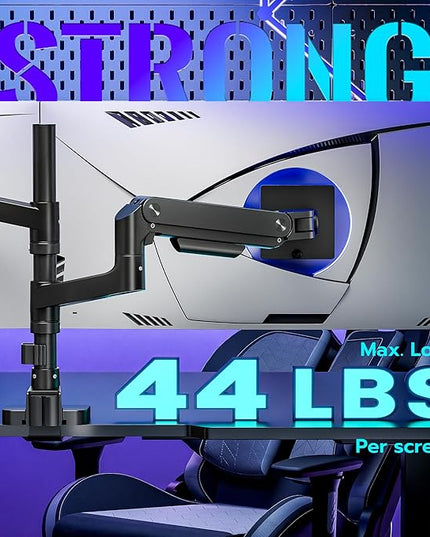 ARES WING Dual Monitor Arm Desk Mount for 17-49 Inch Ultrawide Monitors, Heavy Duty Dual Monitor Mount Holds 44 lbs, Full Motion Gas Spring Vertical Stacked Monitor Mount, 75/100 VESA Mount, Black