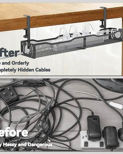 Cable Management, 25.3'' Under Desk Cable Management Tray No Drill, Metal Cable Organizer with Clamp for Wire Management, Cord Organizer for Home Office, Desk Accessories Organizer, Black