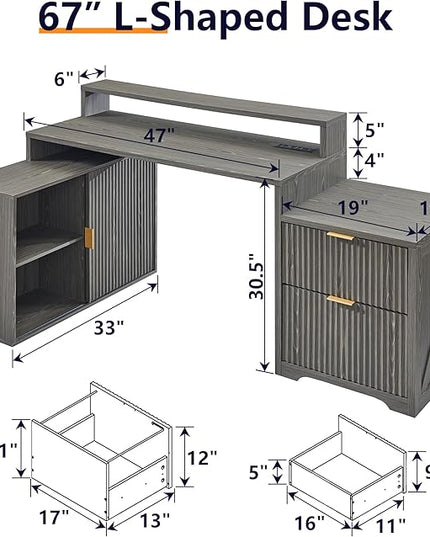 JXQTLINGMU 67" Modern L Shaped Desk with Storage Cabinet & Drawers, Wood Home Office Desk with Power Outlets, Fluted Computer Writing Desk, Grayish Green
