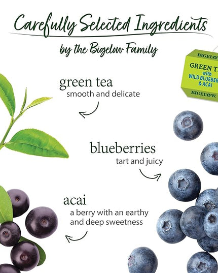 Bigelow Tea Green Tea with Wild Blueberry and Acai, Caffeinated Tea with Wild Blueberry and Acai, 20 Count Box (Pack of 6), 120 Total Tea Bags