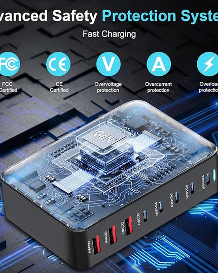 600W Fast USB C GaN Ⅲ Pro Charger Block,8 Port Charging Station,Dual 140W PD3.1 PPS Fast Charging Station for Multiple Devices Laptop Wall Charger Compatible with MacBook/iPhone 16/iPad etc