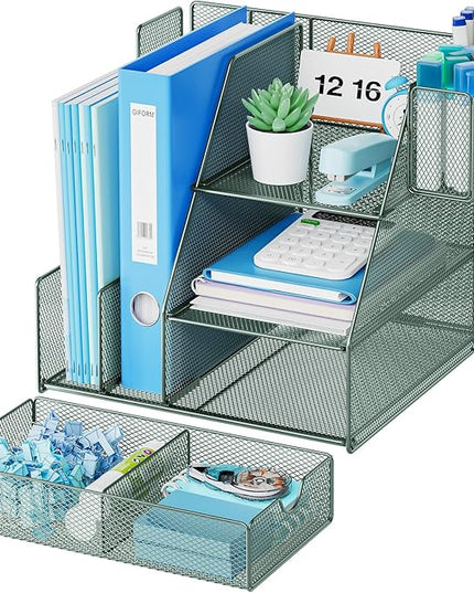 Marbrasse Desk Organizer and Accessories, 3-Tier File Organizer with Drawer and Pen Holder, Small Desktop Organizer and Storage for Workspace Office Supplies Green