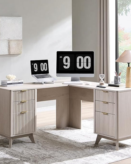 T4TREAM 60" Fluted Executive L Shaped Desk, Modern Home Office Desk with Charging Station and File Drawer, Computer Corner Desks with Drawers & Storage Cabinet for Office Home, Bedroom, Alder White